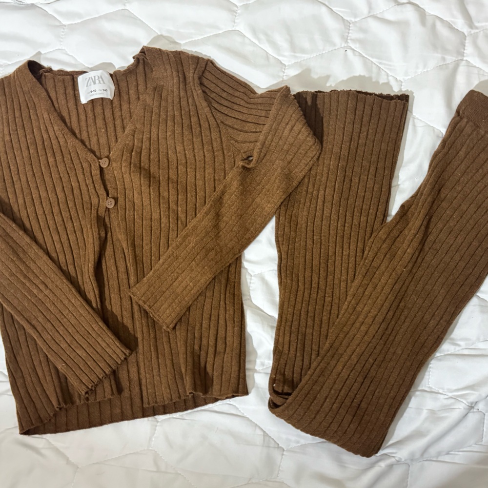Zara Brown Ribbed Cardigan Set